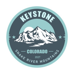 Keystone Ski Resort stamp, Colorado, emblem with snow covered peaks, vector