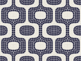 Grid mosaic design, seamless psychedelic stone paving tile pattern in portuguese style, modern op-art mosaic ornament, vector