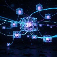 Connected glowing digital cubes with flowing lines, representing data and networks.