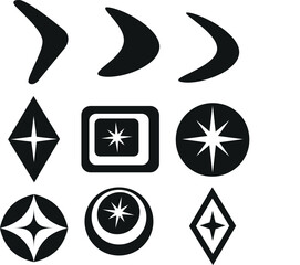 Mid century 9 black and white icons set featuring boomerangs, harlequin diamonds, squares, circles and atomic starbursts. For clip art, stickers and scrapbooking