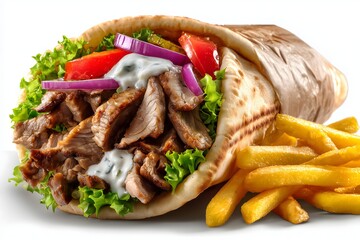 A chicken gyros with a side of french fries on a white background