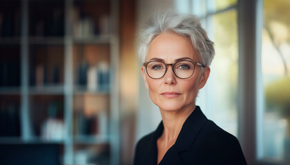 Portrait of a mature businesswoman wearing glasses looking at the camera in a modern office. A professional image ideal for corporate, leadership, and entrepreneurship topics.