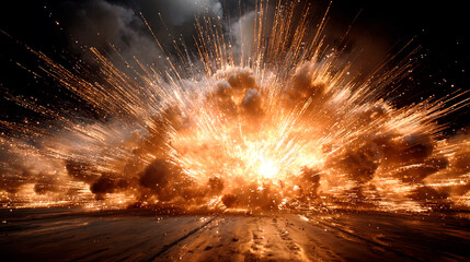 Explosion of sparks and fire against a dark background. 3d rendering