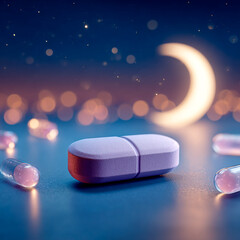 3D rendering of sleeping pills with a crescent moon symbol on a dark background. Concept of insomnia, nighttime rest, mental health, and medical treatment.