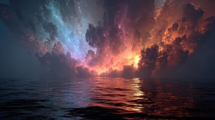 Celestial reflections over the ocean surreal landscape art dreamy atmosphere