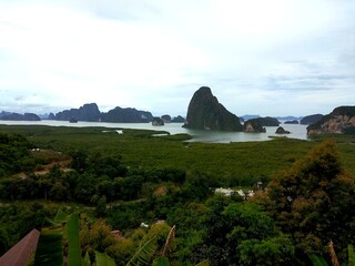 Panoramic view of Phang Nga Bay in Thailand with limestone karsts and tropical forest landscape