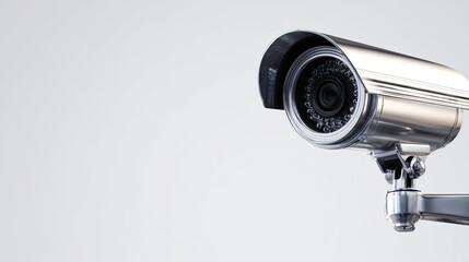 Close-up view of a modern surveillance camera on a minimalist background.