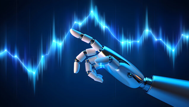 Photo of a robot hand interacts with a glowing blue data stream