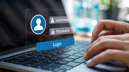 Person logging into a laptop with a secure username and password prompt, showcasing cybersecurity measures and digital access on a modern computing device for online safety.