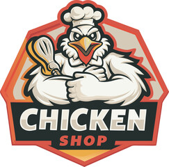 A charming cartoon chicken wearing a chef s hat and holding a whisk presented in a bold graphic style perfect for a chicken shop logo or culinary branding isolated on transparent background