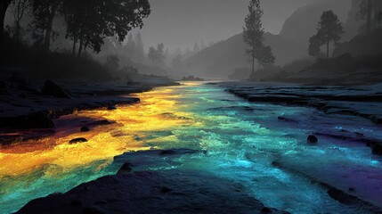 Flowing rainbow river in a mystical landscape at dawn