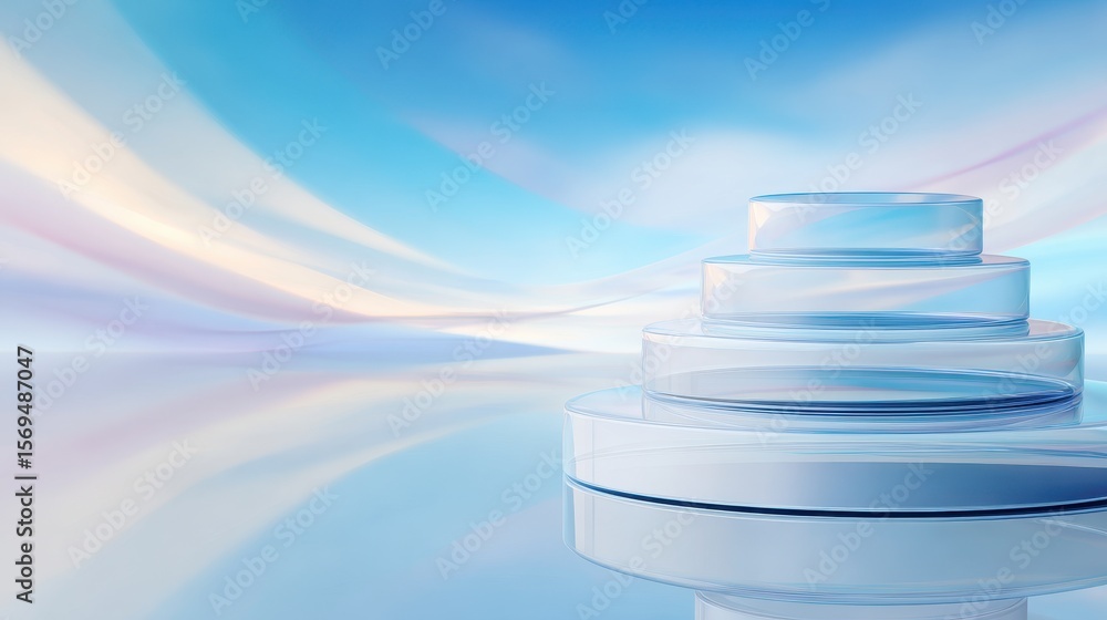 Poster elegant translucent glass platforms arranged in a serene setting with soft pastel gradients
