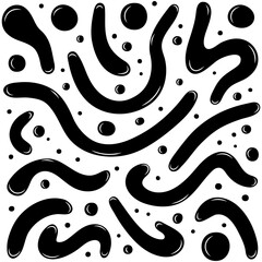 Abstract doodle pattern with curved brush strokes and dots in black. Modern organic background perfect for playful textile, poster or sticker design.