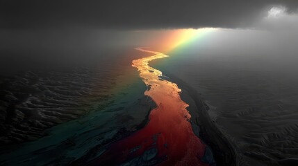 Vivid rainbow river amidst dark clouds nature photograph serene landscape