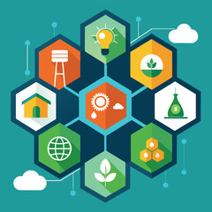 Sustainable eco friendly illustration featuring diverse icons and environmental friendly concepts presented in flat design style