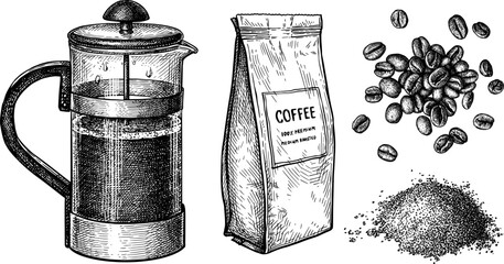 Coffee set ink sketch.