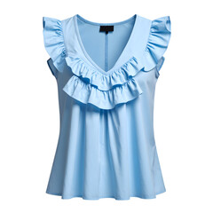 Light Blue Ruffle Blouse with V-Neck and Flattering Fit for Women