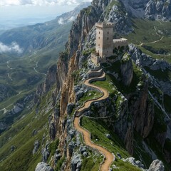 A majestic medieval-style stone fortress sits atop a jagged mountain ridge, accessible only via a winding, narrow dirt path – AI Generated Digital Art
