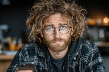 A young man with a beard and glasses focused on using a budgeting app on his phone