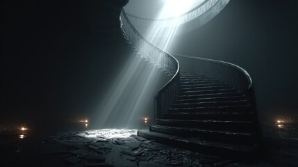 Digital art of an abandoned staircase with light beams and dark vibes