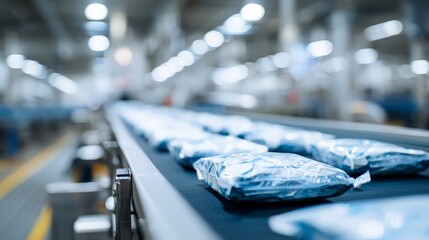 Sealed snack bags on conveyor belt in food packaging facility, mass production view
