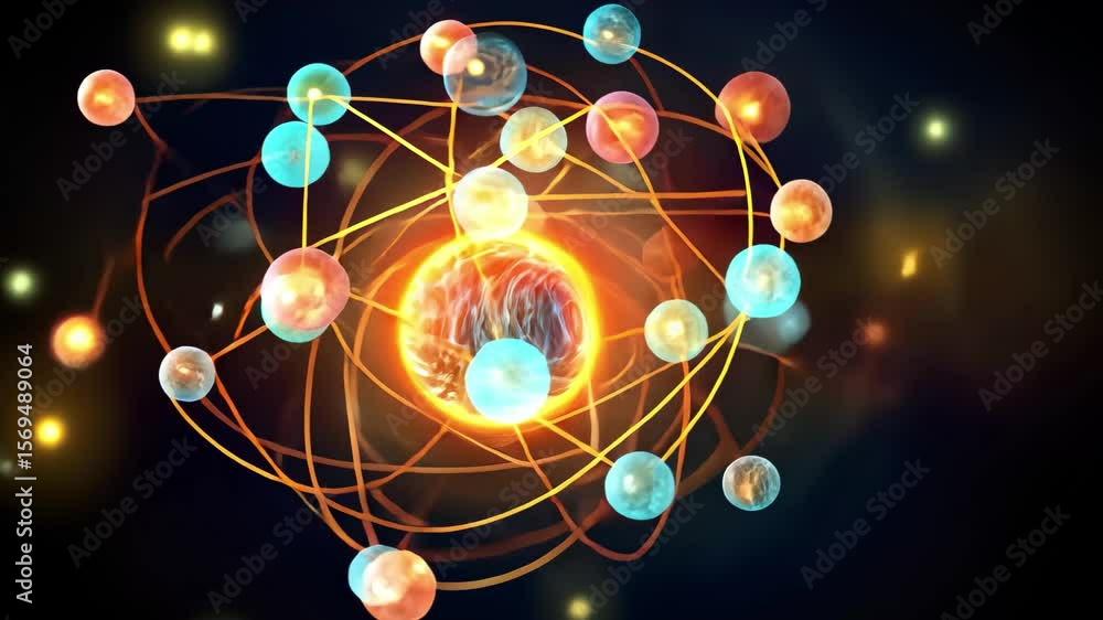 Poster abstract representation of atomic structure with glowing particles and vibrant colors set against a 
