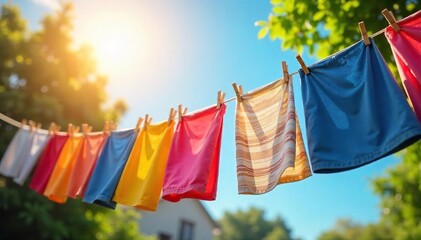 Summer Sunshine Colorful Laundry Drying on a Gentle Breeze, a cheerful scene of freshly washed clothes waving in the bright sunlight. Perfect for summer, home, and family themes.