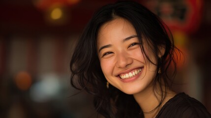 Joyful young Asian woman with a beautiful, authentic smile outdoors