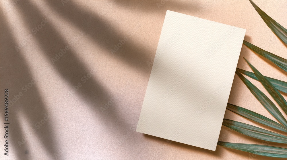 Poster blank notepad on a soft pastel background with palm leaves casting shadows