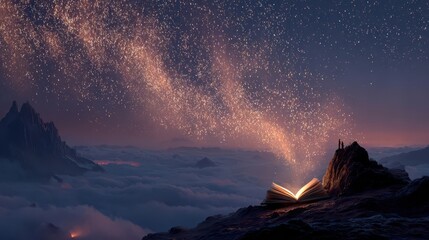 Celestial book of stars mountain peaks night sky scene mystical view