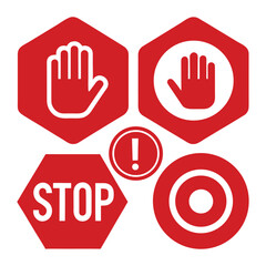 Obraz premium Stop Sign Icon Set – Red Warning Signs with White Hand Symbol and Do Not Enter