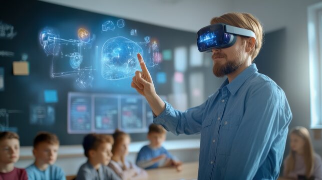 Innovative VR Education: Teacher Using Virtual Reality Headset to Engage Students in Interactive Learning Experience