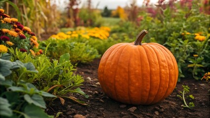 Single ripe orange pumpkin resting in a garden bed surrounded by autumn flowers