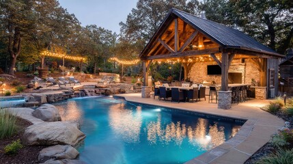 Outdoor entertainment area with pool and gazebo at dusk