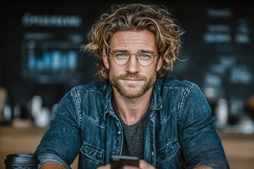 A young man with glasses and a beard sitting at a table, focused on using a budgeting app on his phone.
