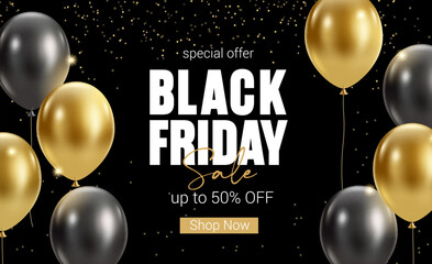Black Friday Sale horizontal banner with golden glitter and  balloons. Luxurious background for advertising, social media posts, promotion, web banners. Modern discount background. Vector template.