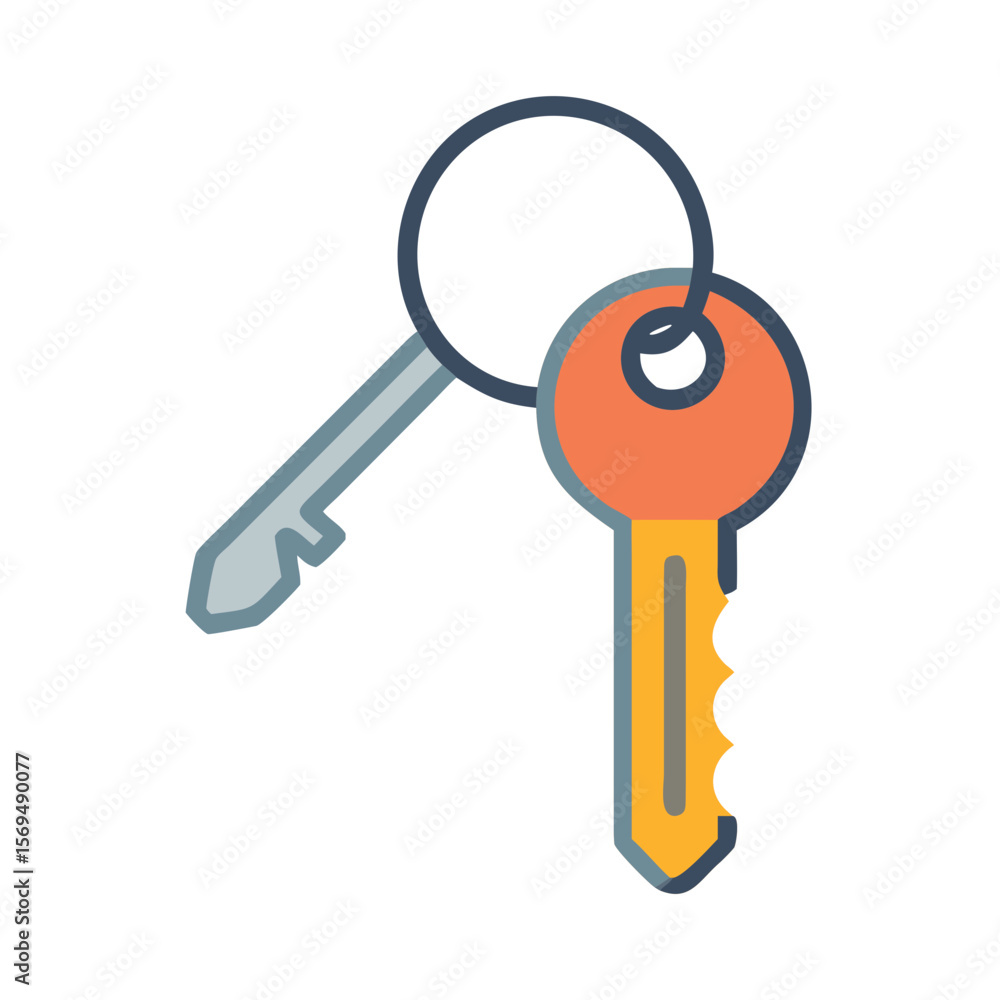 Poster illustration of two keys with a colorful keyring attached