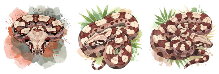 Obraz premium Three watercolor illustrations of boa constrictors with foliage and paint splashes in the background on transparent background