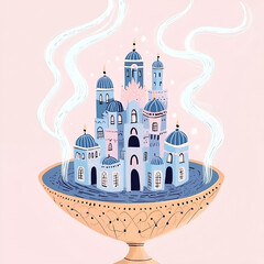 Vector set of surreal fantasy cities in beige and blue tones. Minimal, dreamy, imaginative worlds in a clean vector flat style.
