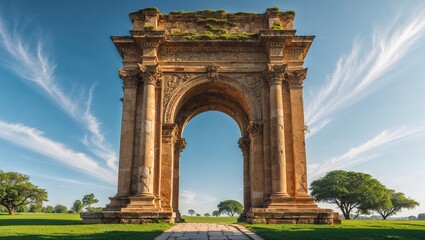 Obraz premium A majestic ancient Roman triumphal arch stands weathered in a lush green field under a striking blue sky with wispy clouds