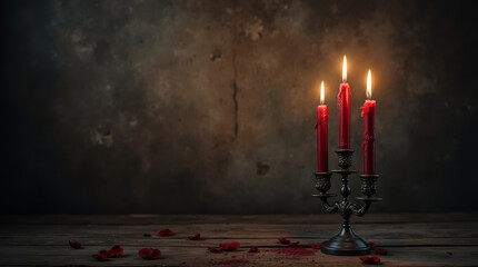 Burning red candles in a gothic candlestick with red rose petals on a wooden old table