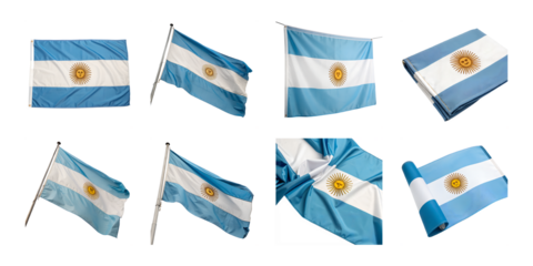Collection of argentinian flags waving isolated on transparent background