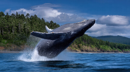 Fototapeta premium Majestic humpback whale breaches surface of ocean, showcasing its powerful body against backdrop of lush green forests