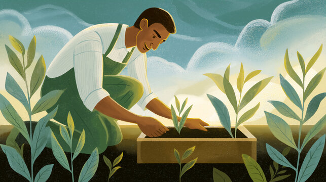 Man kneels and plants young green plants in wooden box. Calm outdoor setting with blue sky and fluffy clouds. Concept of agriculture, gardening, sustainability - Powered by Adobe