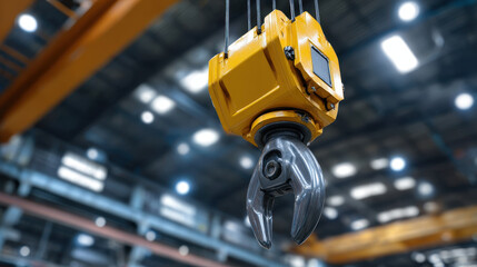 Industrial crane hook with yellow hoist in warehouse setting, showcasing advanced machinery and technology