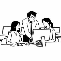 Serious mentor worker talk to female colleague teach intern