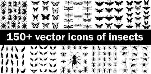 Insect, feather, and wing silhouette icon set. Featuring butterfly, dragonfly, beetle, mosquito, bee, and more. mega collection of nature vector icons in solid black on white background. © BNW Graphics