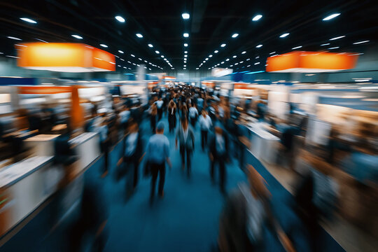 Blurred View of Convention Hall with Crowds of People and Orange Signs