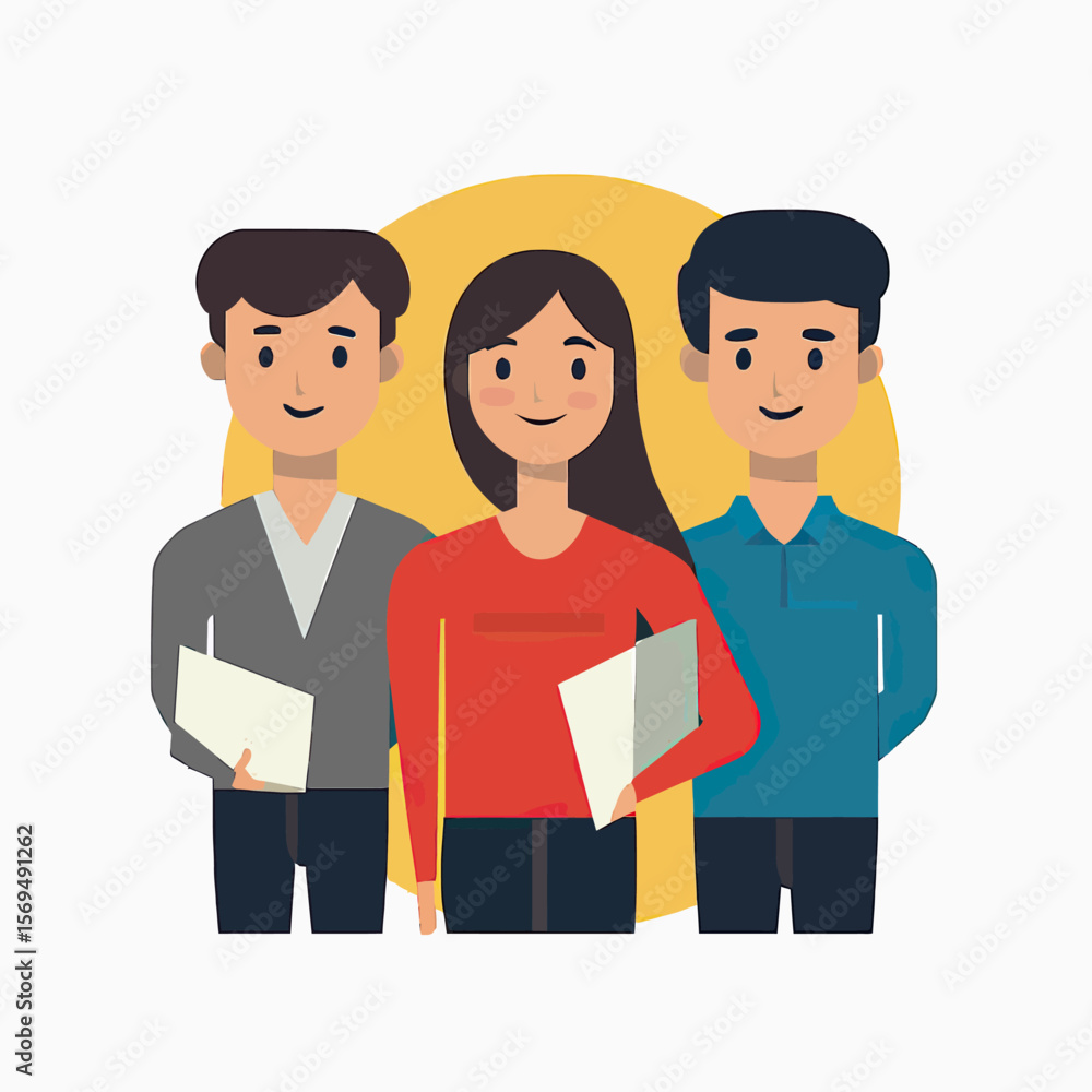 Poster group of three smiling students holding notebooks and papers standing together in flat minimalist ve