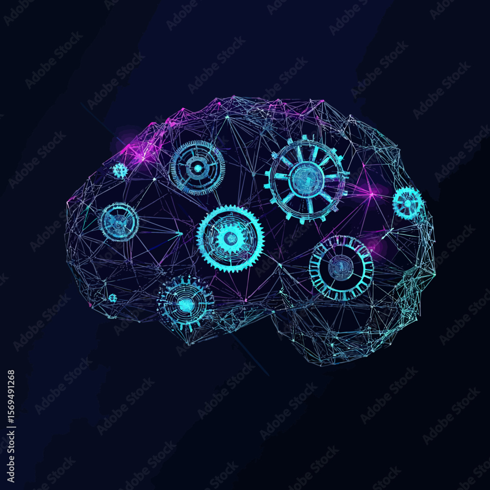 Poster futuristic digital brain with glowing interconnected gears and mesh network representing artificial 